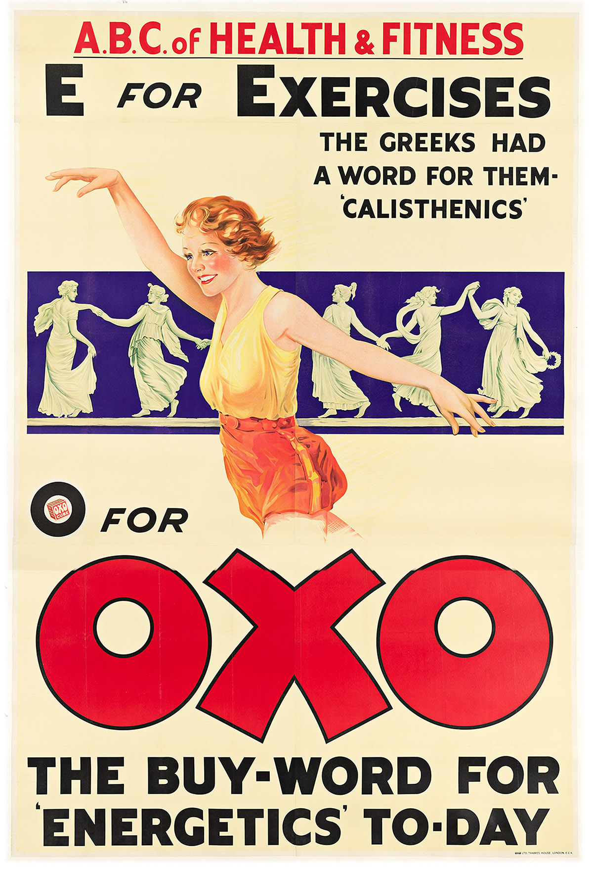 DESIGNER UNKNOWN. E FOR EXERCISES / O FOR OXO. Billboard. Circa 1930s. 119½x80 inches, 303½x203¼ cm. OXO Ltd. Thames House, London.